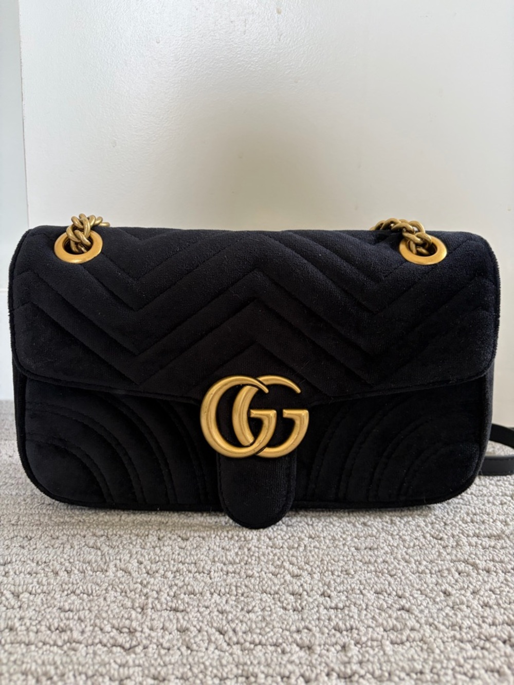Gucci Black Velvet Shoulder Bag with Gold Double G Hardware